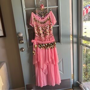 Women’s Halloween Costume Belly Dancer Sequin Gold Token Beaded Pink Skirt Set